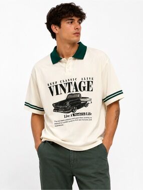 Vintage Graphic Polo Shirt with Green Trim - Unbranded